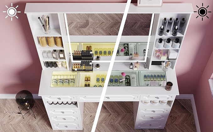 Vanity with Mirror and Light, Vanity with Glass Top and 9 Drawers, Dresser Set with Storage Bench, Adjustable Brightness Dresser (White, Glass Table-B)