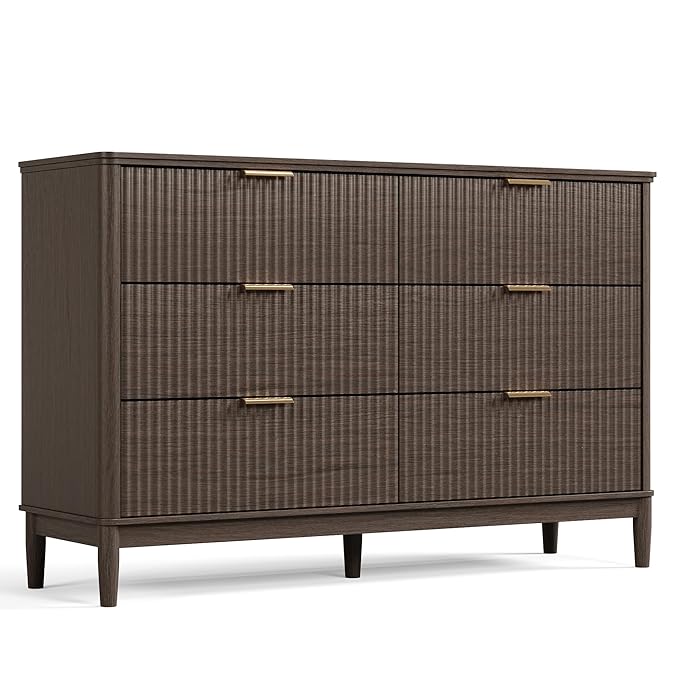 LINSY HOME Fluted Dresser for Bedroom with 6 Drawers, 54" Wide Chest of Drawers, Mid Century Modern Dresser TV Stand with Metal Handle, Wood Closet Storage Cabinet for Living Room, Hallway, Walnut