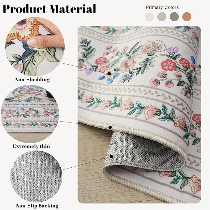 Runner Rug for Kitchen Rug Non Slip 2'x6' Washable Rugs with Rubber Backing Soft Vintage Floral Carpet Runner for Kitchen, Laundry, Bedroom, Bathroom, Beige