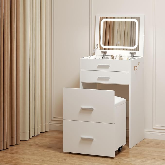 Vanity Desk with Mirror and Lights, Compact Vanity with 3 Drawers, Makeup Desk with Flip-up 3 Colors Lighting Mirror and Cushioned Stool, Small Vanities Perfect for Bedroom, White