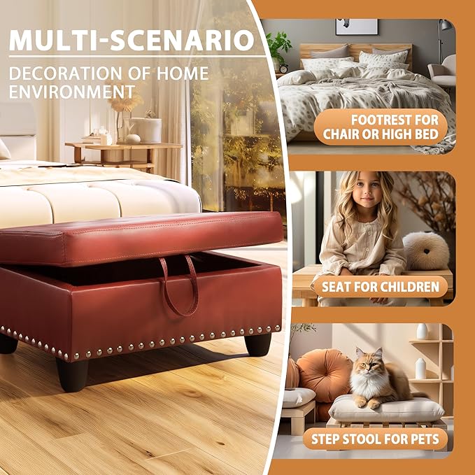 Ottoman Rectangular Storage Ottoman Bench, Faux Leather Footrest, Coffee Table, Stool Footstool with Hinged Lid for Living Room, Bedroom, Entryway, Red, 28.5"x19"x17.5"