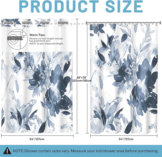 No Hook Shower Curtain with Snap in Liner - Floral Shower Curtain - Fabric Waterproof Inner Liner, Plants Navy Blue Flowers Modern Cloth Shower Curtains - Machine Washable, 54 x 80