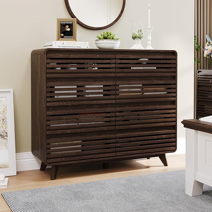 Fluted Dresser for Bedroom, Wide 8 Drawers Dresser, Chests of Drawers with Grille & Curved Design, Dressers Slides Pre-Installed, Large Wood Drawer Organizer for Bedroom Hallway, Dark Walnut