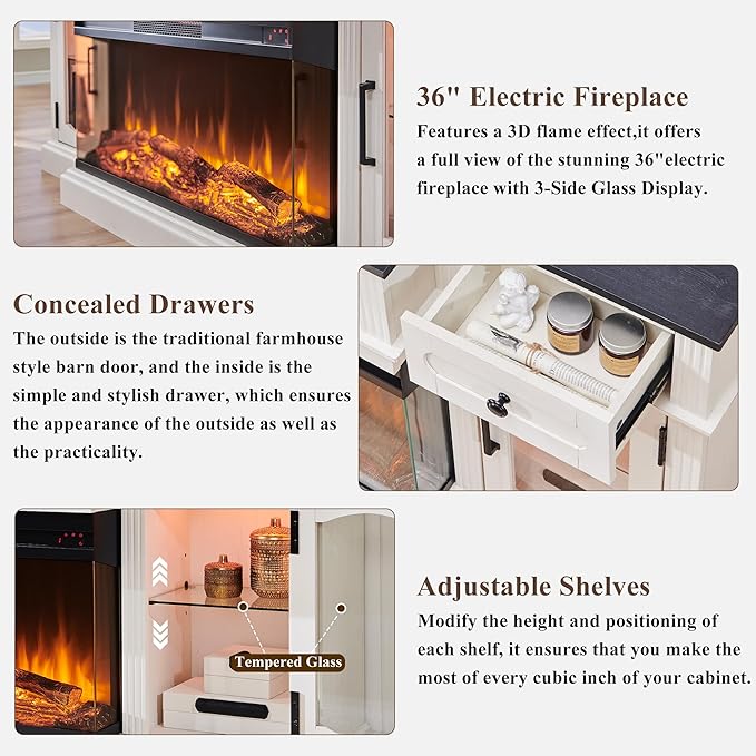 LINGMU Farmhouse Electric Fireplace TV Stand for TVs up to 80", Entertainment Center with 36" 3-Sided Glass Electric Fireplace & LED Lights, 70-inch TV Console, Antique White