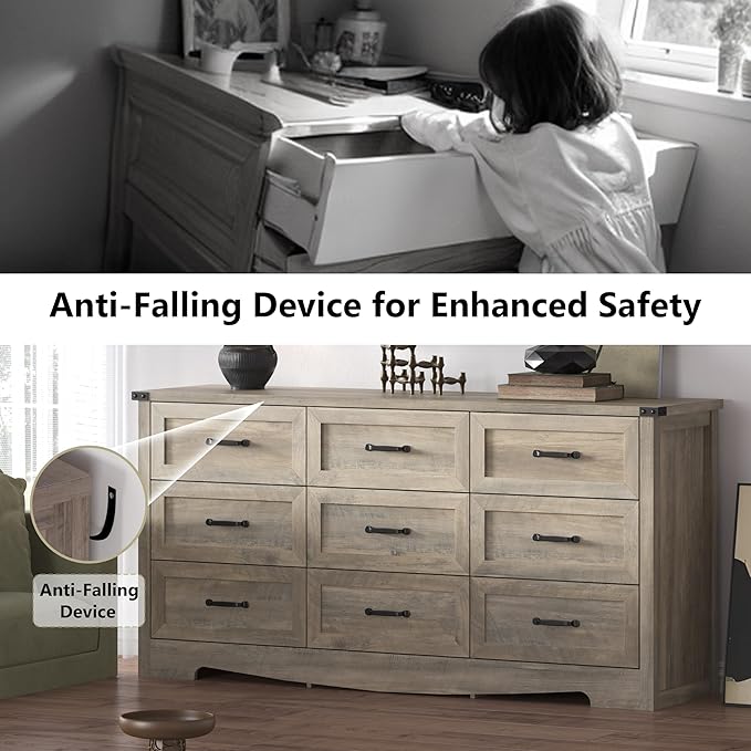 Dresser for Bedroom, 59'' Wide Chest of Drawers with Natural Wood Texture, 9 Drawer Dresser for Closet with Metal Handles, Sleek Storage Solution for Living Room, Office, Hallway, Grey