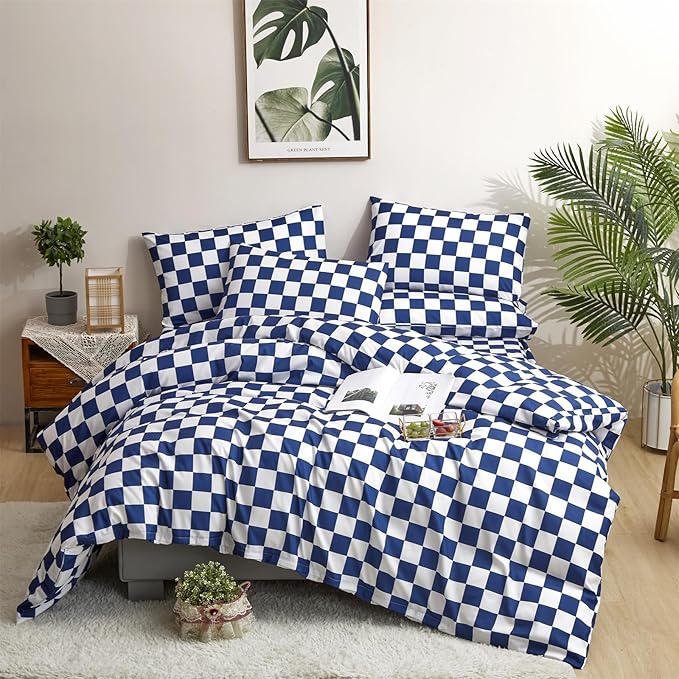 CLOTHKNOW Blue White Plaid Full Size Comforter Sets Checkerboard Bedding Comforter Sets Soft Grid Comforter with 2 x Pillow Cases