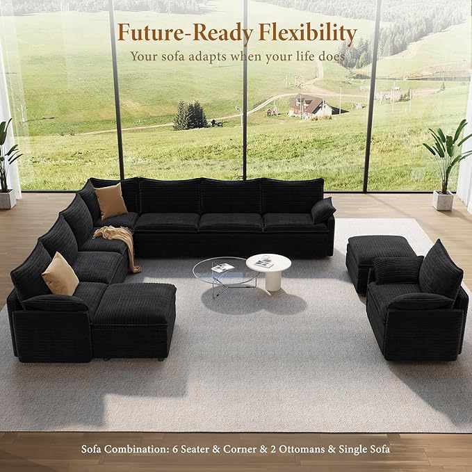 Vesgantti Large Modular Sectional Sofa, Big Comfy Cloud Couch with Ottoman Deep Seat Corduroy Cloud Sofa, 9 Seater Large Sectional Couches for Living Room, Bedroom and Apartment, Black