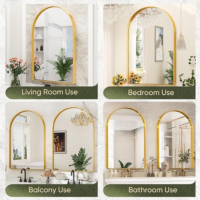 Suidia 22" x 30" Bathroom Mirror, Bathroom Vanity Mirror Metal Framed, Wall-Mounted Mirrors for Bedroom, Living Room, Entryway, Hallway, Gold, Arch Style