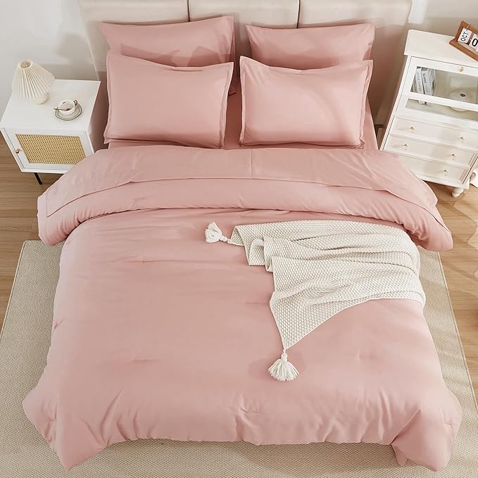 Litanika Comforter King Size Set Blush Pink - 7 Pieces Bed in a Bag King Bedding Comforter Sets, Plain Lightweight Bed Set with Comforter, Sheets, Pillowcases & Shams