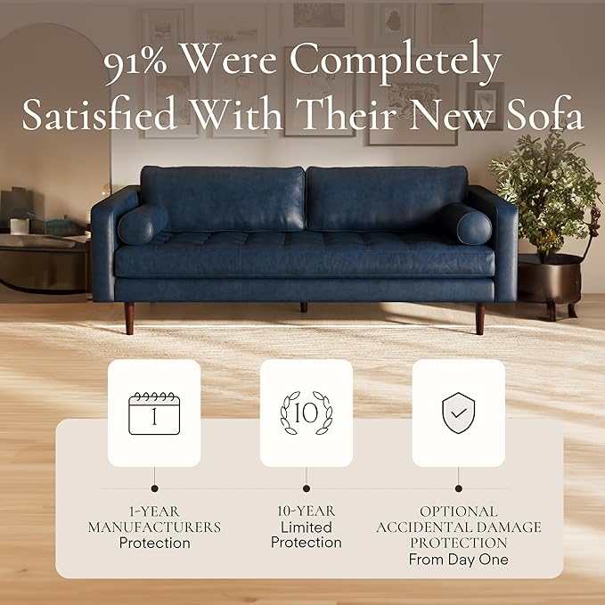 Poly & Bark Napa Leather Couch - 88.5-Inch Office Sofa with 2 Bolsters - Full-Grain Leather Sofa for Living Room with Feather-Down Topper - Living Room Couch - Vintage Italian Leather in Midnight Blue