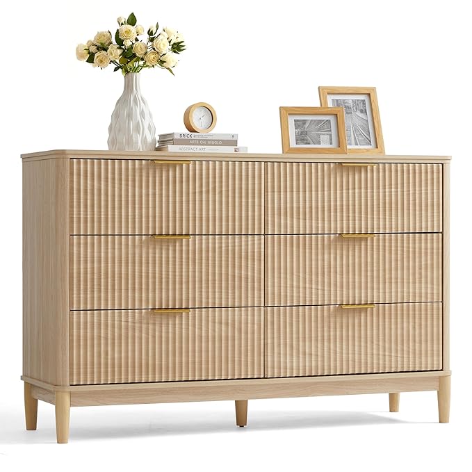 LINSY HOME Fluted Dresser for Bedroom with 6 Drawers, 54" Wide Chest of Drawers, Mid Century Modern Dresser TV Stand with Metal Handle, Wood Closet Storage Cabinet for Living Room, Hallway, Oak