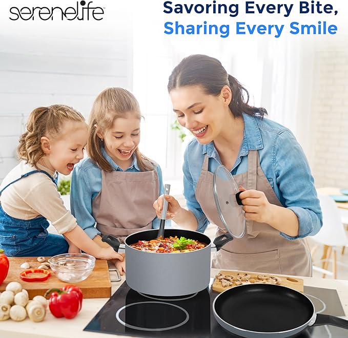 SereneLife Kitchenware Pots & Pans Basic Kitchen Cookware, Black Non-Stick Coating Inside, Heat Resistang Lacquer (11 Piece set), One Size, Gray