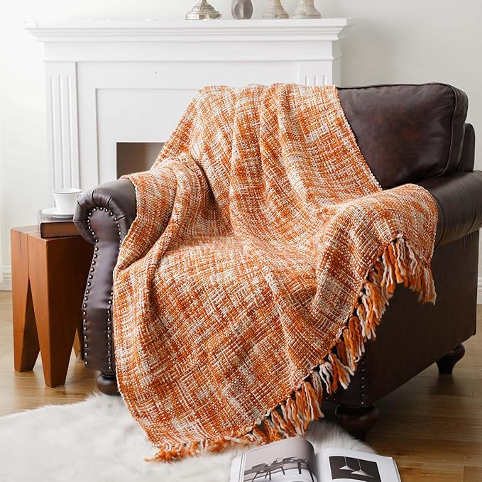 BATTILO HOME Burnt Orange Fall Throw Blanket for Couch Bed, Fall Decorations for Home, Colorful Farmhouse Throw for Autumn Halloween, 50"x60"