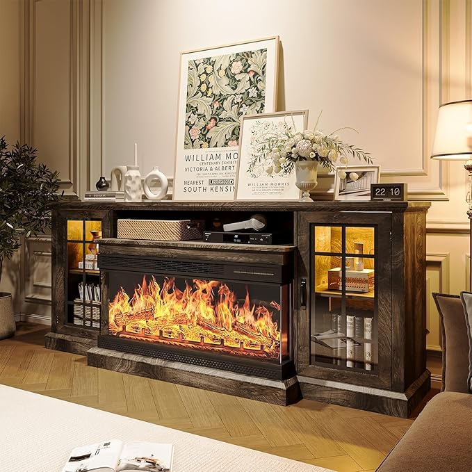 MXV 70'' Fireplace TV Stand, Farmhouse Entertainment Center with 3 Sided Glass TV Stand, Modern Media Console Table with Storage Drawers & Cabinets with LED Flame and Lights for Living Room, Gray