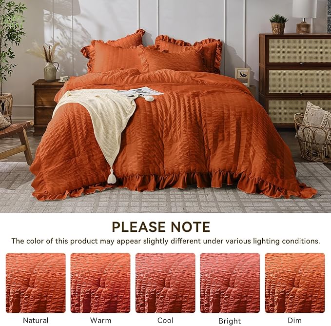 JOLLYVOGUE Burnt Orange Comforter Full Size, 3 Pieces Seersucker Lightweight Full Size Bedding, All Season Fluffy Microfiber Bedding Comforter Set with 1 Ruffle Comforter and 2 Ruffle Pillowshams