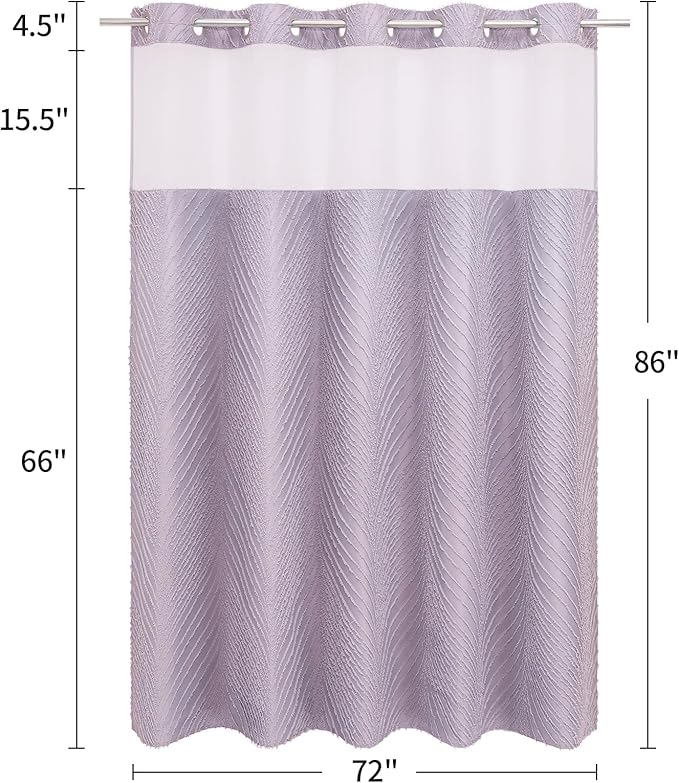 No Hook Extra Long Shower Curtain Set with Snap-in Liner, 86 inch XL Boho Purple Fabric Shower Curtains for Modern Bathroom Decor, Hotel Style Shower Curtain with See Through Top Window