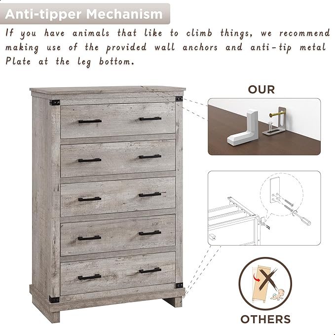 T4TREAM Farmhouse 5 Drawers Dresser for Bedroom, 48" Tall Wood Chest of Drawers w/Natural Texture & Metal Handle, Rustic Storage Dressers Organizer for Living Room, Hallway, Light Rustic Oak