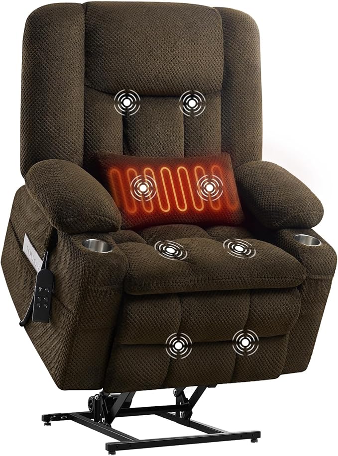 Large Dual Motor Power Lift Recliner Chair with Massage and Heat for Big Elderly People,USB & Type C Ports,Oversized Electric Lay Flat Recliners,Infinite Position,Side Pockets,Cup Holders(Brown)