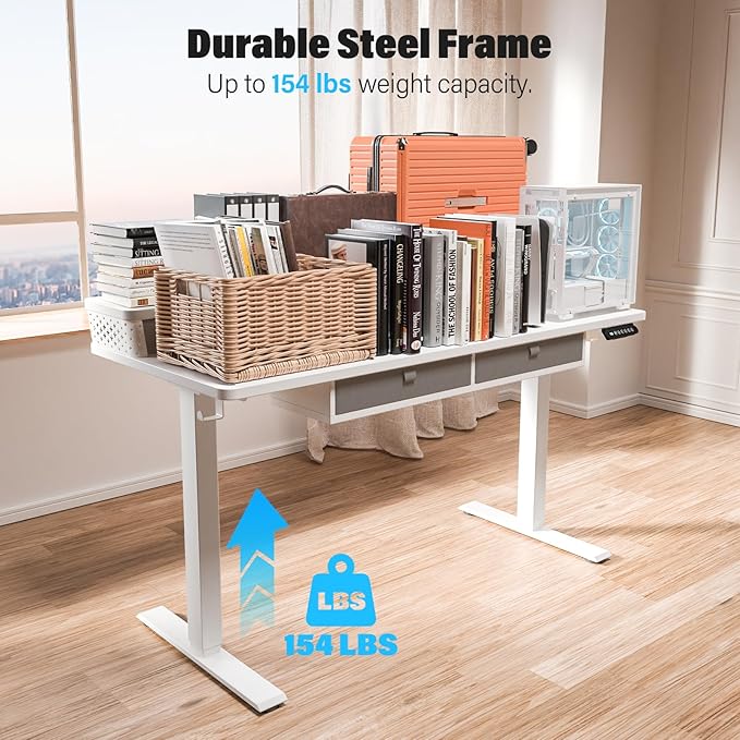 Electric Standing Desk with 4 Drawers 48''x 24'' Adjustable Height Sit to Stand Up Desk with Storage Shelf, C-Clamp Mount Compatible Black Home Office Desks Computer Gaming Table Ergonomic Workstation