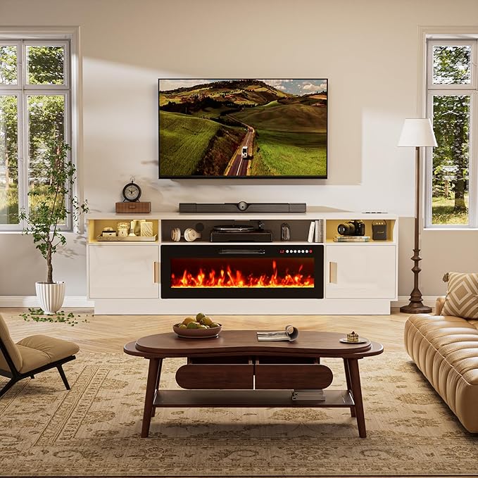 Ludatido 80 Inch Premium TV Stand with 36 inch Electric Fireplace 27 Inch high LED Light Entertainment Center Easy to Assemble for TVs Up to 90'' with USB&AC Power Interface White
