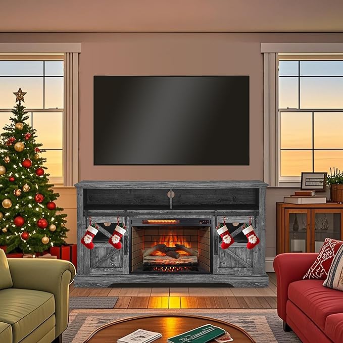 Fireplace TV Stand with Auto-Power-Off Door Sensor, Farmhouse 70" TV Console, Media Entertainment Center with Sliding Barn Door, Adjustable Shelves, Fireplace Heater, Dark Rustic Oak