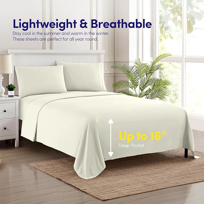 1500 Supreme Collection Twin Sheet Sets Ivory - 3 Piece Bed Sheets and Pillowcase Set for Twin Mattress - Extra Soft, Elastic Corner Straps, Deep Pocket Sheets, Twin Ivory