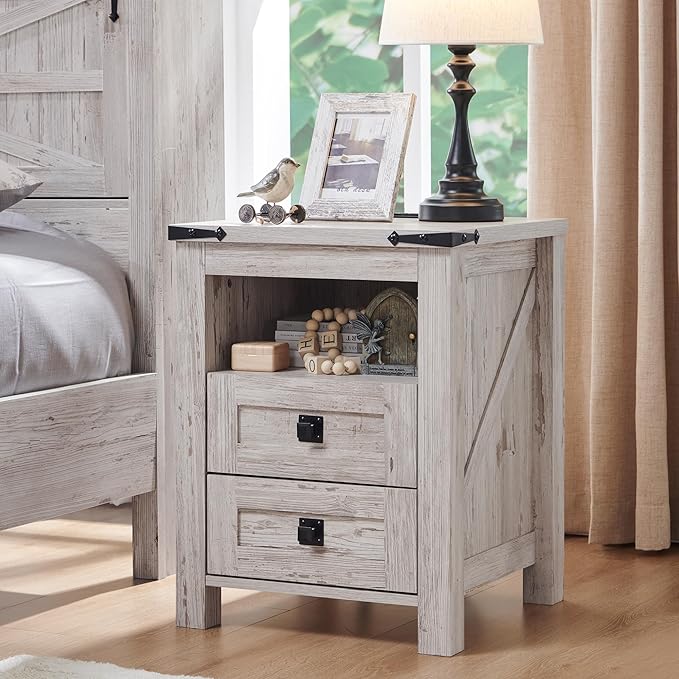T4TREAM Farmhouse Nightstand Set of 2 with Charging Station, Rustic End Table with 2 Drawers, Storage Open Shelf for Bedroom, Living Room, Wood Side Table, Antique Brush White