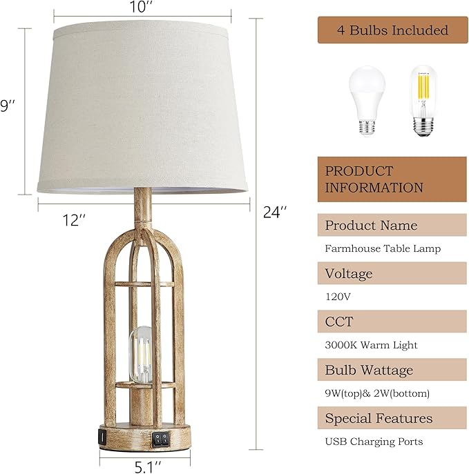 Table Lamps for Living Room End Table Set of 2 - Rustic Farmhouse Bedside Lamps for Bedroom Nightstand with Nightlight and USB A+C, 4 Bulbs Included