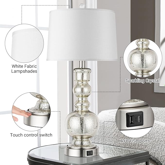 Hamucd 3-Way Dimmable Touch Control Clear Grey Glass Table Lamps Set of 2 with USB A+C for Modern Comtemporary Bedroom Nightstand Living Room Decor(Bulbs Included) (Mercury Silver)