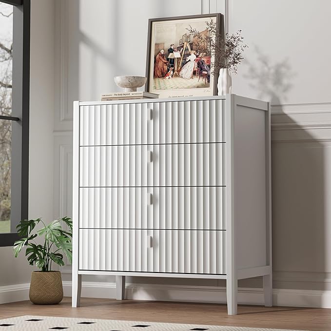 White 4 Drawer Dresser, Modern Chest of Drawers for Bedroom, Wood Storage Dresser Organizer with Deep Drawers for Clothes, Nightstand for Bedroom, Hallway, Living Room, Entryway