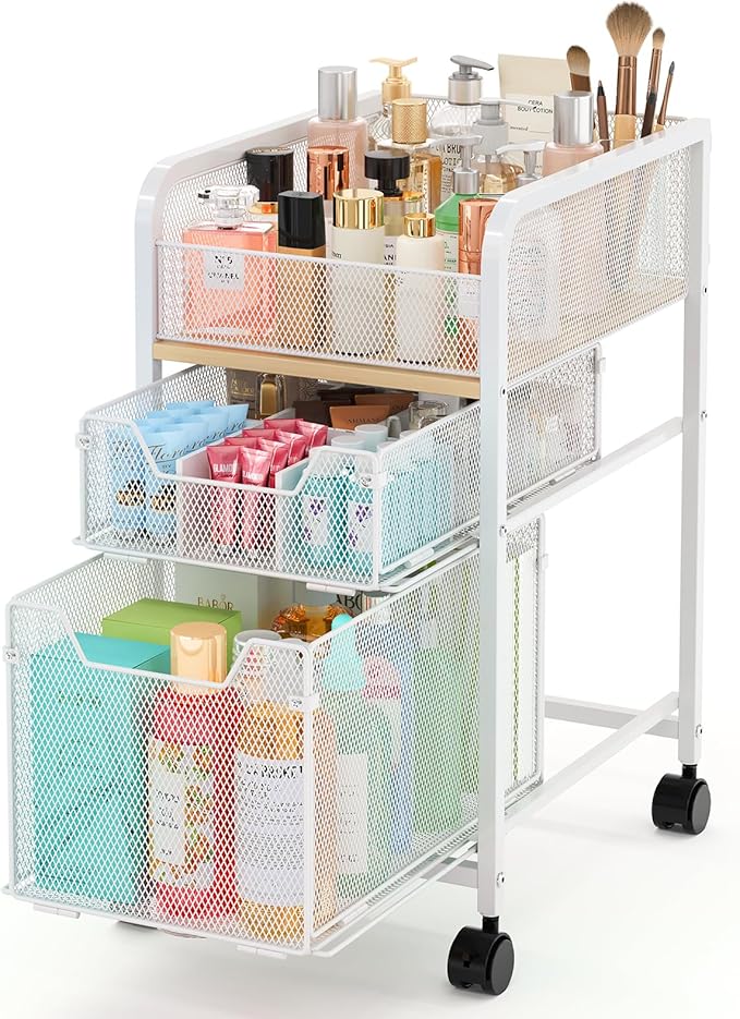 Rolling Makeup Cart Organizer with 2 Drawers, Narrow Floor Skincare Organizers, Vanity Organizer Cosmetics Display Cases Holder for Skin Care Nail Polish Perfume Makeup Brush, White