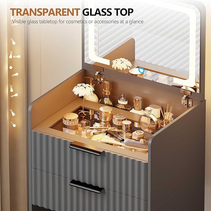 LED Compact Makeup Vanity with Flip Top Mirror, 3 in 1 Small Vanity Set with Glass Desktop, Mini Dressing Table with Storage Compartment and Cushioned Stool,3 Drawers, Bedroom Gray