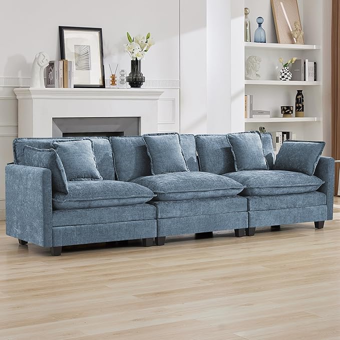 111'' Sectional Cloud Deep Seat Couch, Modern Comfy Chenille Modular Sectional Sofa for Living Room Set, Upholstered Modular 3-Seats Sofa Couch, Blue
