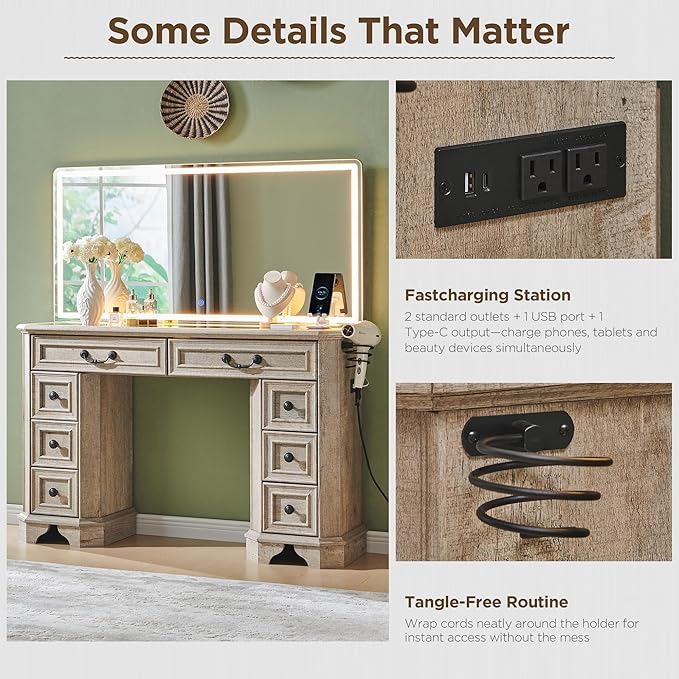 Makeup Vanity Desk with 48" HD Lighted Mirror, Farmhouse Vanity Table with 8 Drawers, Vanity Desk with 3 Color Modes, Dressing Table with Glass Top and Charging Station for Bedroom(Light Rustic Oak)