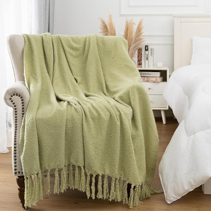 Gealaek Sage Green Throw Blanket Lightweight Fuzzy Soft Cozy Decorative Blankets for Sofa Bed Farmhouse Throw Blanket Green with Fringe 50" x 60"