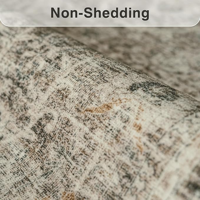 FMFUNCTEX 6x9 Washable Area Rug Vintage Neutral Distressed Large Taupe Non Slip Carpet for Living Room Bedroom Soft Low Pile Indoor Mat Retro Floral Throw Rug for Dining Room Kitchen Office Nursery