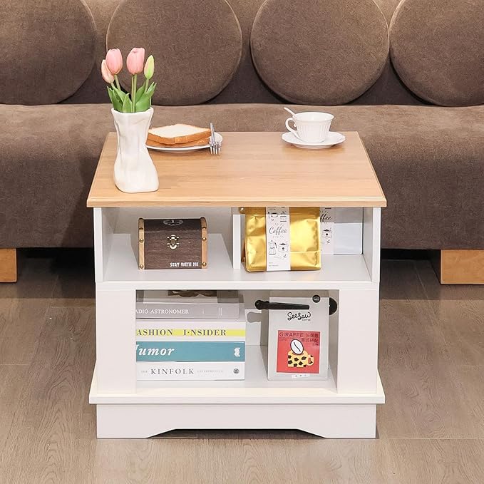 ALBAD Farmhouse Rustic Square Coffee Tables Living Room Center Table with Half Open Storage White & Light Brown