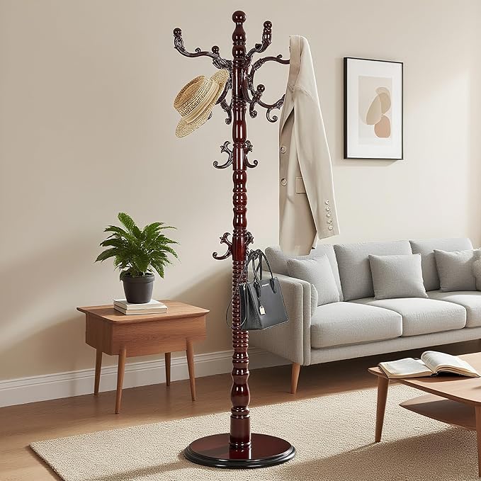 73”Vintage Wooden Coat Rack,With 14 Hooks and Sturdy Round Base.Sturdy and Durable Standing Coat Racks,Adjustable Wooden Freestanding Coat Rack for Corridors, Offices, Porch,Bedrooms (Mahogany)