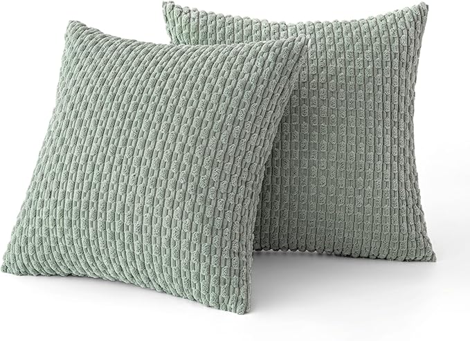 MIULEE Throw Pillow Covers Soft Corduroy Decorative Set of 2 Boho Striped Pillow Covers Pillowcases Farmhouse Home Decor for Couch Bed Sofa Living Room Spring 16x16 Inch Greyish Green