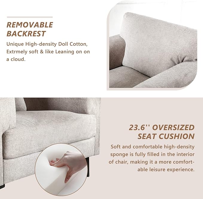 CDCASA Accent Chair, Linen Fabric Oversized Mid Century Modern Chair Set of 1, Comfy Upholstered Armchair Reading Accent Chairs Sofa Chairs for Bedroom Living Room, Light Brown