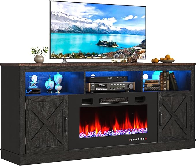 Farmhouse TV Stand with 36" Fireplace for 80" TV, 70" Entertainment Center with Barn Doors and LED Light, Tall Fireplace TV Stands for Living Room, Black