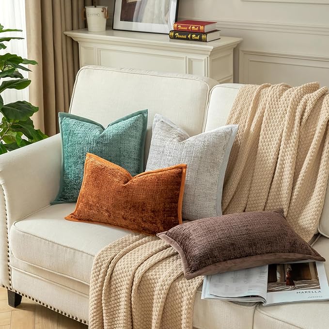 Yaertun Pack of 2 Chenille Textured Decorative Throw Pillow Covers Accent Solid Cushion Cover Soft Cozy Pillow Case with Velvet Back for Couch Sofa Bed Living Room 12x20 Inch Pearl Grey