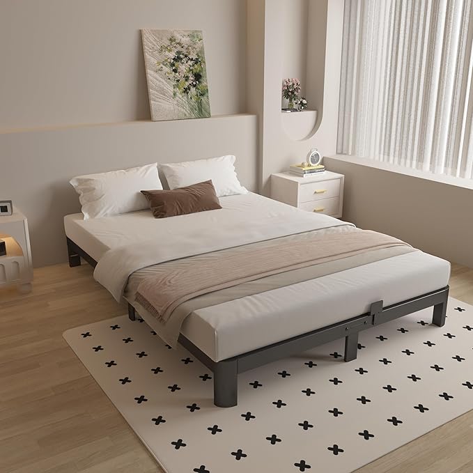 Queen Bed Frame 6 Inch Black, Metal Bed Frame Queen Size with Gaskets, No Box Spring Need, Heavy Duty Steel Platform Support, Round Corner Design, Reserved Holes, Noiseless, Easy Assembly