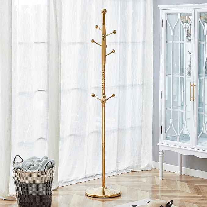 Solid Wood Coat Rack Freestanding, 77" Adjustable Hall Tree Hanger With Hooks, Coat Hanger Stand for Hanging Clothes Bags Hats in Living Room Bedroom