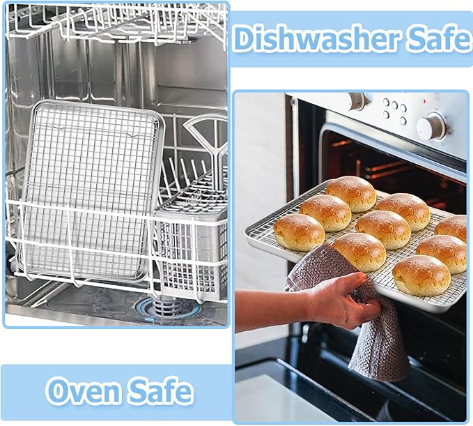 TeamFar Baking Sheet with Rack, 16 x 12 x 1 Inch Stainless Steel Cookie Baking Pan Tray with Grid Rack for Baking Roasting Cooling, Healthy & Heavy-Duty, Oven & Dishwasher Safe