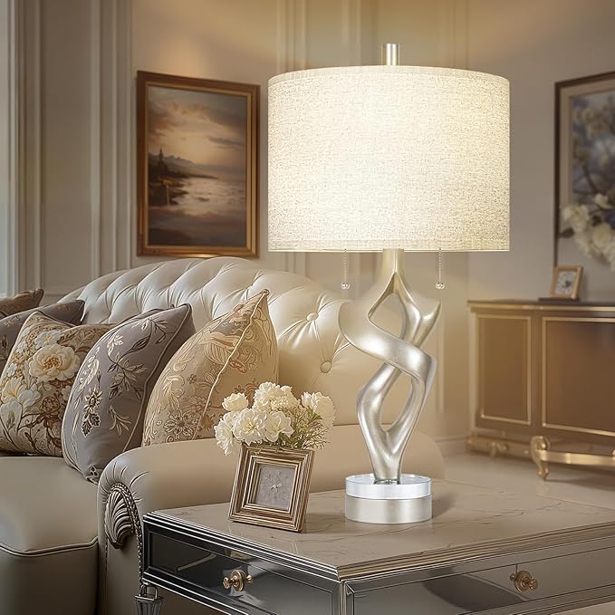 Scenekoy Sculptural Resin Table Lamp Set of 2 with USB Ports for Bedroom Living Room, 26” Antique Silver Leaf Dual Pull Chains Bedside Lamps, Nightstand Lamp for Home Room Decor (Bulbs Included)