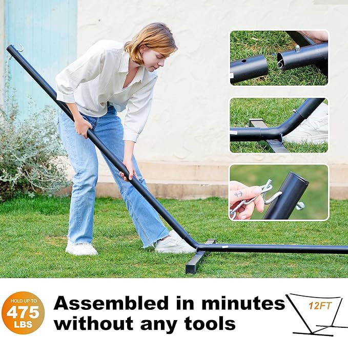 Waterproof Double Hammock with Stand for Outside Heavy Duty, 2 Person 55'' Large Quick Dry Textilene Hammocks with Hardwood Spreader Bar, Pillow, Pockets, for Outdoor, 475lbs Capacity (Coffee)