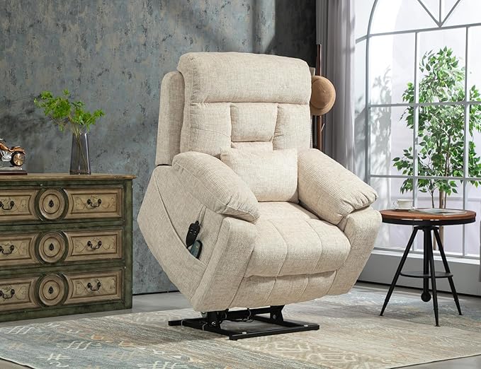 Large Power Lift Recliner Chair with Massage and Heat for Elderly, 26in Extra Wide Recliner Chair with Cup Holder Support Big and Tall People, 400lbs Capacity Adults (Cream Chenille)
