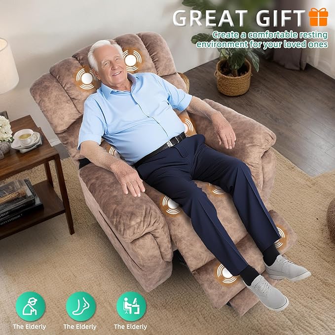 VIVIJASON Tall Man Large Dual Motor Power Lift Recliner Chair with Extended Footrest, Overstuffed Lay Flat Sleeper Electric Recliner W/Heat & Massage, Lumbar Pillow, USB & Type-C Ports, Plush Brown