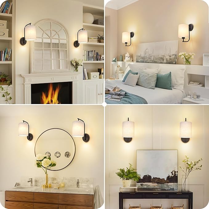 Battery Operated Wall Sconce Set of 2, Black Rechargeable Wireless Wall Light Fixture with Remote, 12 RGB Colors & Timer, Indoor Dimmable Wall Lamp with Linen Shade